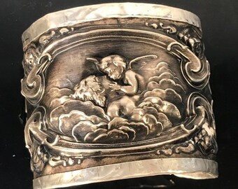 Cherub Spoon Ring Sterling Silver 925 Cuff Bracelet Unger Angel Loves Dream Putti Victorian Cupid Upcycle Spoon  Relief Sustainable .925