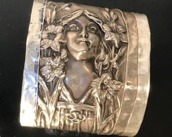 Rare Art Nouveau Antique Solid Sterling Silver 925 Cuff Bracelet Maiden Floral Victorian Upcycle Spoon Maiden Flowers Relief Sustainable