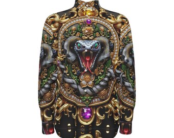 Snake Gemstone Mens Cotton Shirt, Long Sleeve Button Up Cobra Mans Dress Shirt, Baroque Rubies, Chain, Gift for Him,Gold Repoussé Byzantine