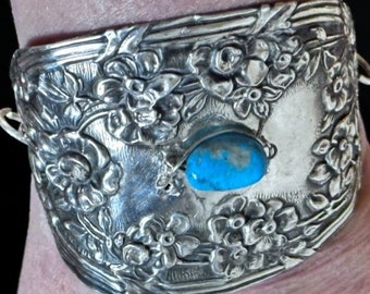 Antique Sterling Silver Cuff Bracelet Old Stock Dead Pawn Vintage Untreated Sleeping Beauty Turquoise 925 Victorian Repoussé Upcycle .925