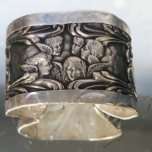 Cherub Spoon Ring Sterling Silver 925 Cuff Bracelet Reynolds Angel Embossed Victorian Upcycle Spoon Museum 4 Angels Relief Sustainable .925
