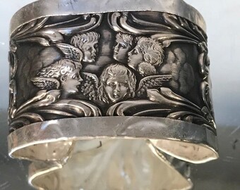 Cherub Spoon Ring Sterling Silver 925 Cuff Bracelet Reynolds Angel Embossed Victorian Upcycle Spoon Museum 4 Angels Relief Sustainable .925