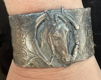 Horse Head  Sterling Silver 925 Cuff Bracelet Victorian Floral Gorham Adjustable Handmade Antique Vintage Upcycle ID Chain Gift Etched .925