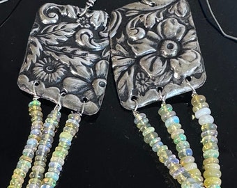 Ethiopian Opal Welo Sterling Silver 925 Earrings Floral Victorian Chandelier  Art Nouveau .925 Handmade Repoussé Victorian Fringe Dangle