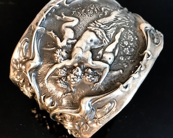 Antique Victorian Cherub Angel Art Nouveau Nymph Goddess Irian Solid Sterling Silver 925 Wide Cuff Bracelet Statement Cupid Putti Baroque