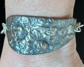 Antique Sterling Silver Cuff Bracelet Gorham Baroque Floral Gift Art Nouveau Handmade Repoussé  925 Scroll Chain Victorian .925 Upcycle ID