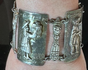 Peruvian Solid Sterling Silver Llama Storytelling Bracelet Link Vintage 925 Wide Vintage Rare Repoussé Peru