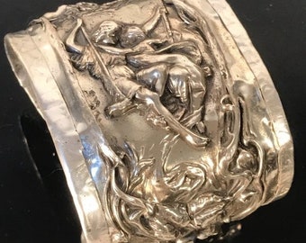Victorian Spoon Ring Sterling Silver 925 Cuff Bracelet Floral Art Nouveau Heavy Victorian Upcycle Spoon Maiden Flowers Relief Sustainable .