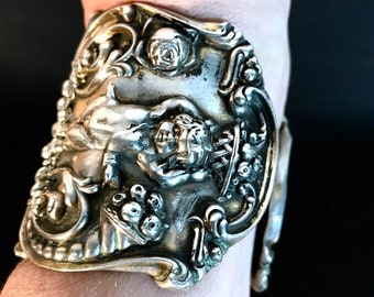 Antique Tiffany Cuff Bracelet/Art Nouveau Cherub/Sterling Silver Angel/ Baroque Putti 925 / Rococo .925/ Spoon Ring/Collectible/Museum