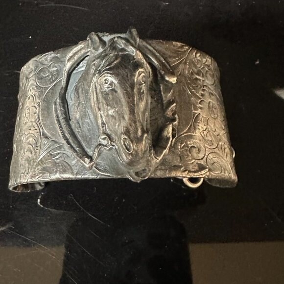 Horse Head Sterling Silver 925 Cuff Bracelet Victorian Floral