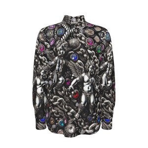 May include: A black long-sleeved shirt with a silver and colourful print of cherubs, chains, and jewels.
