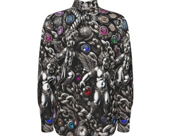 Gemstone Mens Cotton Shirt, Long Sleeve Button Up Oxford Mans Dress Shirt, Baroque Rubies, Chain, Gift for Him, Silver Repoussé Byzantine