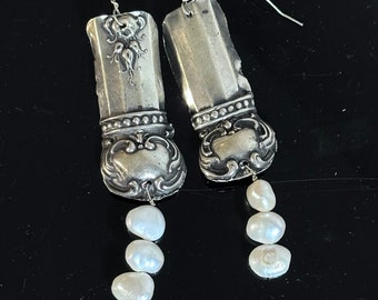 Natural Pearl Gemstone Sterling Silver 925 Earrings Handmade Victorian Spoon Jewelry Ring Dangle Drop Art nouveau .925 Flatware Silverware