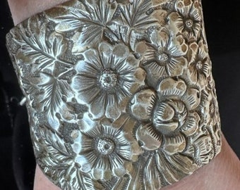 Antique Sterling Silver Cuff Bracelet Gorham Baroque Floral Gift Art Nouveau Handmade Repoussé  925 Scroll Chain Victorian .925 Upcycle ID