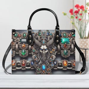 Sac fourre-tout gothique démoniaque, sac à main gothique, sac à bandoulière orné de bijoux, bijoux byzantins, chaînes de pierres précieuses en argent, cadeau de luxe, baroque, sacoche Baphomet
