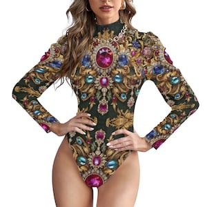 May include: A long-sleeved bodysuit with a mock neck and a jewel-toned print. The print features gold, blue, pink, and red jewels on a dark green background.