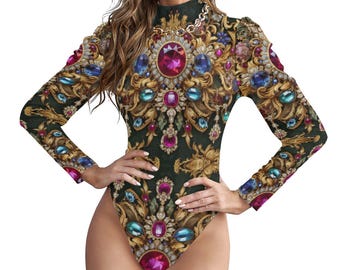 Ruby Jewelry Bodysuit, Bejeweled Leotard, Turtleneck Puff Sleeve, Gold Baroque Blouse Puffy Long Sleeve Shirt, Gemstone Bodycon Rococo Top