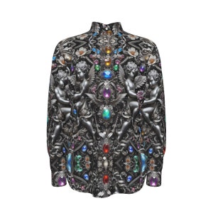 Opal Gemstone Mens Cotton Shirt, Cherub Putti Long Sleeve Button Up  Dress Shirt, Baroque Rubies, Chain Gift Silver Repoussé Byzantine Angel