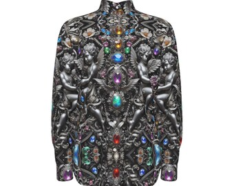 Opal Gemstone Mens Cotton Shirt, Cherub Putti Long Sleeve Button Up  Dress Shirt, Baroque Rubies, Chain Gift Silver Repoussé Byzantine Angel