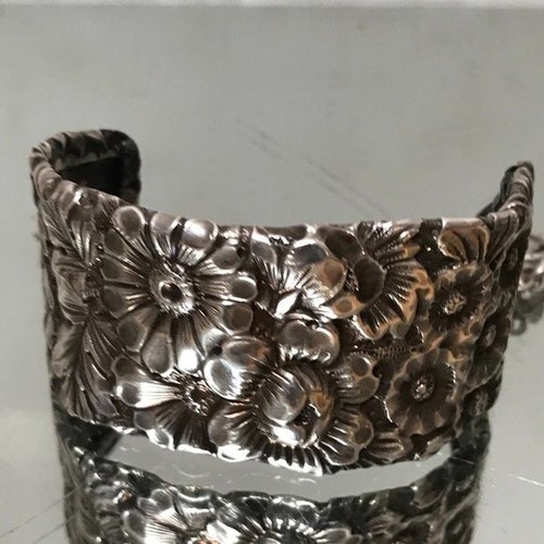 Antique Floral Wide Cuff Solid Sterling Silver Bracelet 925 Repousse Gorham .925 Bouquet Spoon Jewelry Statement Rare Art Nouveau shops Victorian