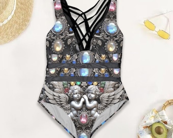 Silver Cherub Opals Bathing Suit Mesh  One Piece Swimsuit, Bejeweled, Baroque Filigre  Strappy Criss Cross Cut Out Sheer Sexy Resort. Luxury