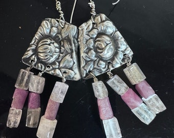 Pink Tourmaline Earrings Kunzite Antique Sterling Silver 925 Drop Dangle Floral Flowers Victorian Genuine Gorham Art Nouveau Gift Handmade