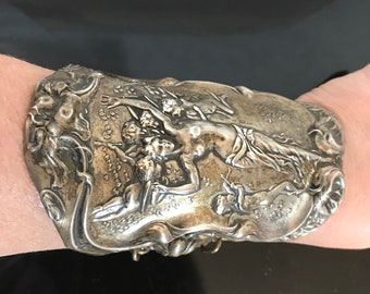 Antigo vitoriano querubim anjo arte nova ninfa sólida prata esterlina 925 .925 pulseira de punho largo declaração cupido putti barroco