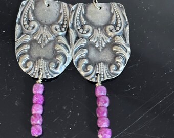 Genuine Ruby Gemstone Sterling Silver Earrings Pink Antique Art Nouveau Dangle Handmade Artisan Spoon Art Deco Nouveau Natural Untreated