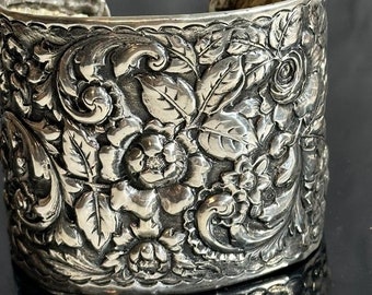 Antique Sterling Silver 925 Floral Cuff Bracelet Gift Repoussé Victorian Bouquet Large Wedding Spoon Cuff Baroque Wide Museum circa 19th C