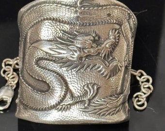 Mens Antique Chinese Dragon Sterling Silver Cuff Asian Export Wide Bracelet XL Unisex 2XL Wrists Heavy Nordic Bracer Man Rare Repoussé 925