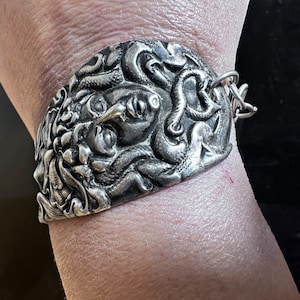 Antique Sterling Silver Medusa 925 Tie Wrap Cuff Art Nouveau Genuine Leather Yoga  Repousse Victorian Unger Bros Rare Collectible Upycle