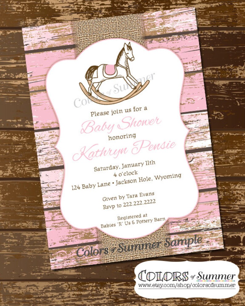 Rocking Horse Baby Shower Invitation Pink Rustic Invite Etsy