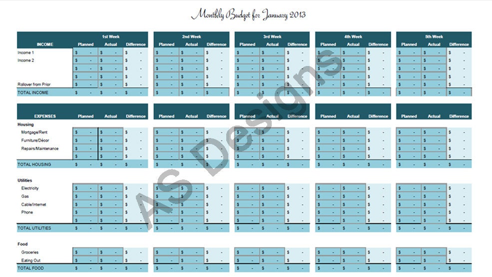 Zero Based Budget Excel Spreadsheet Instant Download Household | Etsy