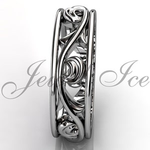 Floral Wedding Band - 14k White Gold Unusual Unique Art Deco Leaf and Vine Floral Wedding Band LB-2029-1