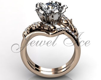 14 k twee Toon Roos en wit goud diamant ongebruikelijke unieke bloem verlovingsring, bruids ring, trouwring, bloem betrokkenheid instellen ER-1083-6