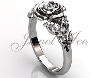 Flower Engagement Ring - 14k White Gold Diamond Unusual Unique Flower Engagement Ring, Floral Wedding Ring, Floral Promise Ring ER-1059-1