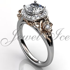 Floral Engagement Ring - 14k White and Rose Gold Diamond Unique Floral Engagement Ring Bridal Ring Wedding Ring Anniversary Ring ER-1098-5