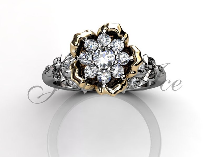 Flower Engagement Ring 14k White and Yellow Gold Diamond Etsy