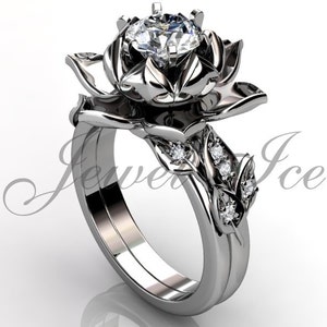 Lotus Flower Engagement Set 14k White Gold Diamond Unique Lotus Flower Engagement Ring Wedding Ring Flower Engagement Set ER-1085-1 image 1