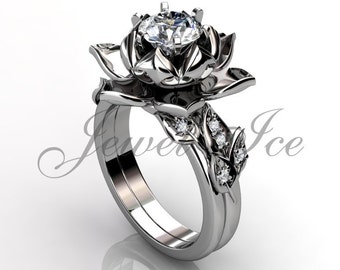 Lotus Flower Engagement Set - 14k White Gold Diamond Unique Lotus Flower Engagement Ring Wedding Ring Flower Engagement Set ER-1085-1