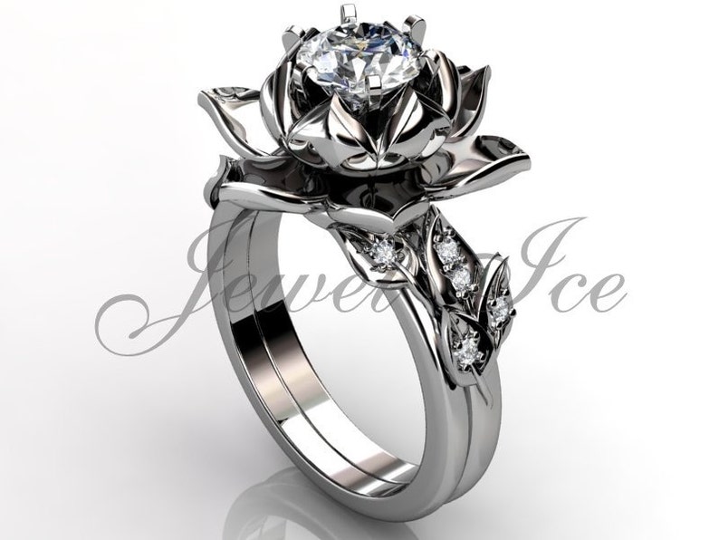 Lotus Flower Engagement Set 14k White Gold Diamond Unique Lotus Flower Engagement Ring Wedding Ring Flower Engagement Set ER-1085-1 image 1