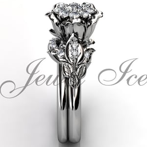 Flower Engagement Ring Set - 14K White Gold Diamond Unique Flower Wedding Band Engagement Ring Set, Floral Wedding Ring ER-1149-1