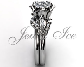 Flower Engagement Ring Set - 14K White Gold Diamond Unique Flower Wedding Band Engagement Ring Set, Floral Wedding Ring ER-1149-1