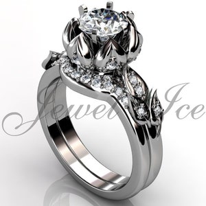 Lotus Flower Engagement Set - Platinum diamond unusual unique flower engagement ring, bridal set, wedding ring ER-1109
