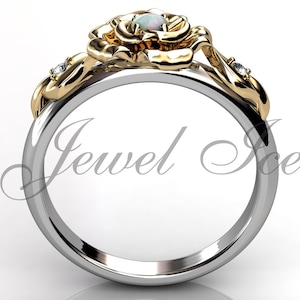 Opal Engagement Ring - 14k White and Yellow Gold Diamond Opal Engagement Ring, Unique Opal Ring, White Opal Ring for Women OR-1115-4