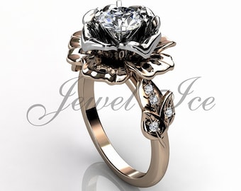 Blomförlovningsring - 14k rosé- och vitt guld 1ct labodrown diamant Blomförlovningsring, Vintagering, Löftering för henne ER-1032-6
