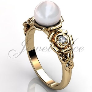 14k yellow gold white pearl diamond unusual unique floral engagement ring, bridal ring, wedding ring ER-1090-2 image 2