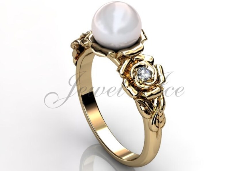 14k yellow gold white pearl diamond unusual unique floral engagement ring, bridal ring, wedding ring ER-1090-2 image 2