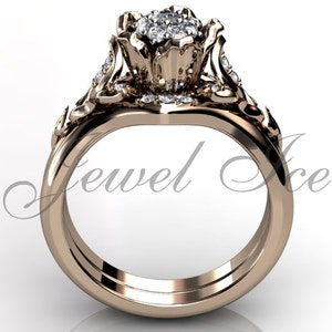 Flower Engagement Ring Set - 14k Rose Gold Diamond Cluster Setting Unique Flower Wedding Band Engagement Ring Set ER-1062-3