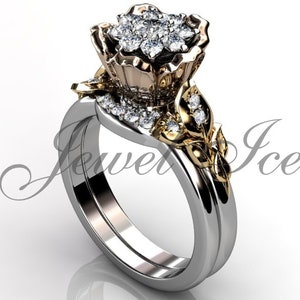 Flower Engagement Ring Set - White, Yellow & Rose Gold Diamond Unique Flower Wedding Band Engagement Ring Set, Floral Wedding Ring ER-1149-8